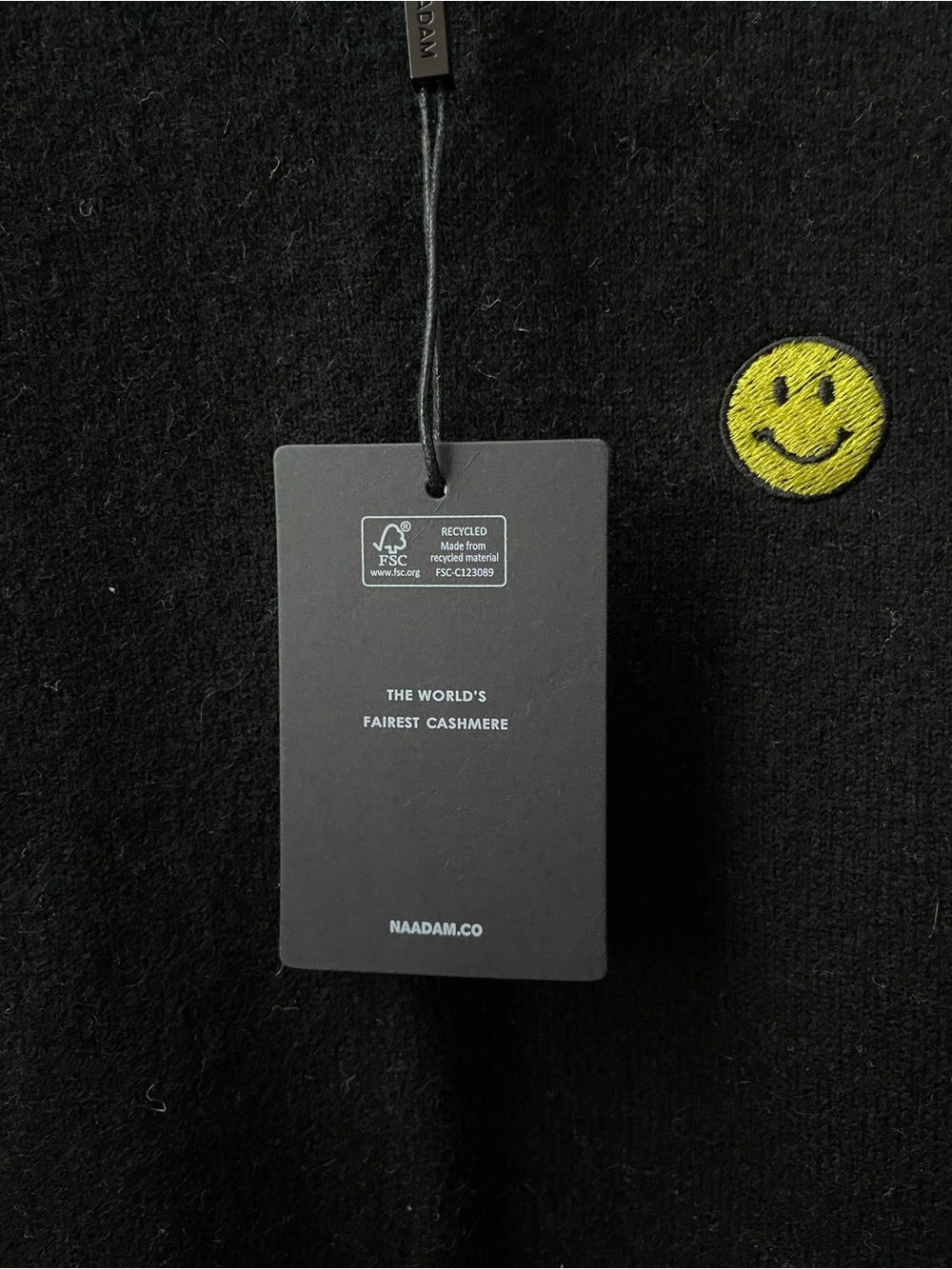 Naadam Black Lightweight Long Sleeve Crewneck Cashmere Sweater with Smiley Patch - Picture 2 of 10